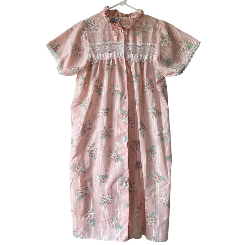 Vintage Ballet New York Pink Floral Nightgown Lace Yoke Short Sleeve Cottagecore - Picture 2 of 10